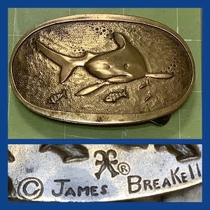James Breakell SHARK Solid Brass 1970s Vintage Belt Buckle Rare Find